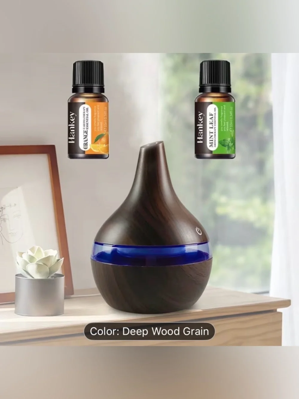 Dark Woodgrain style Aromatherapy Diffuser with LED Light and Essential Oils NIB